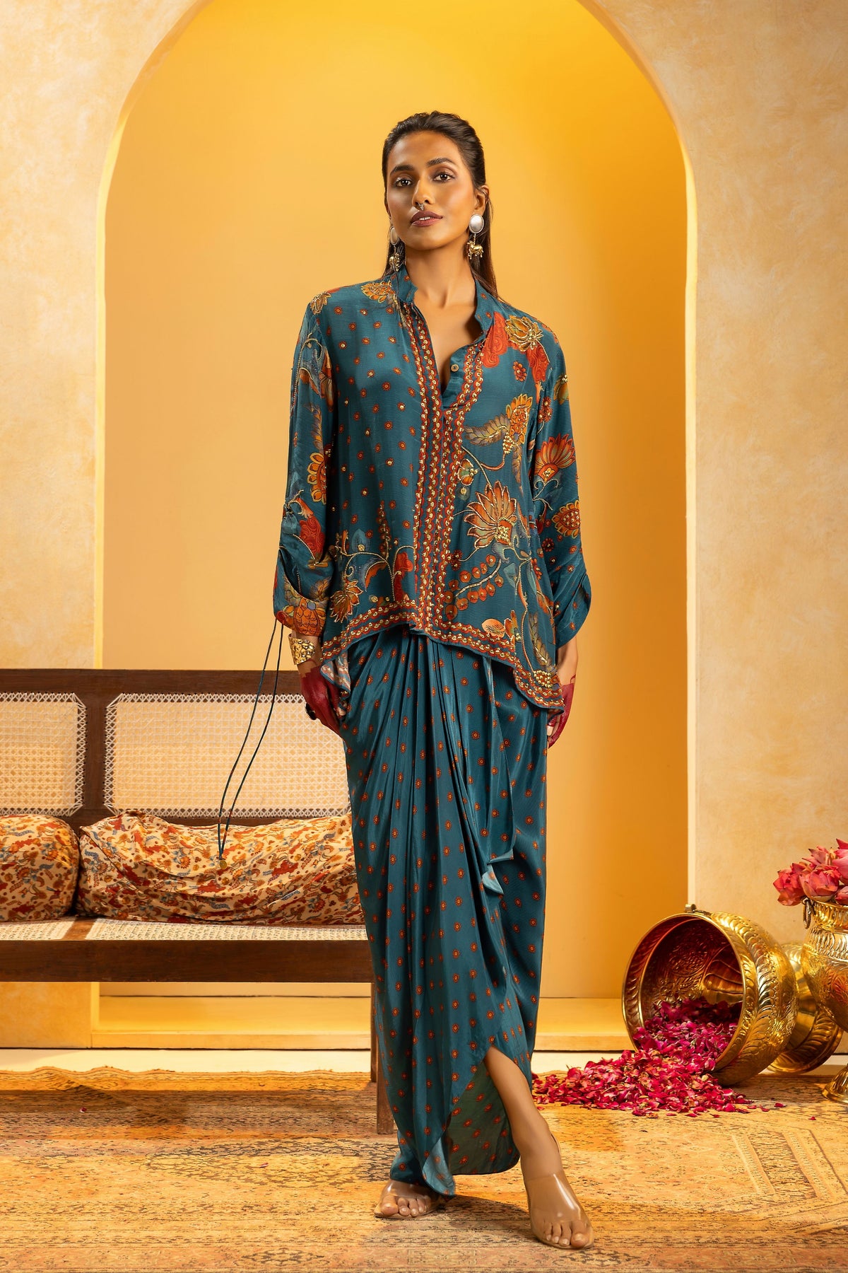 Blue Embellished Drape Skirt Set