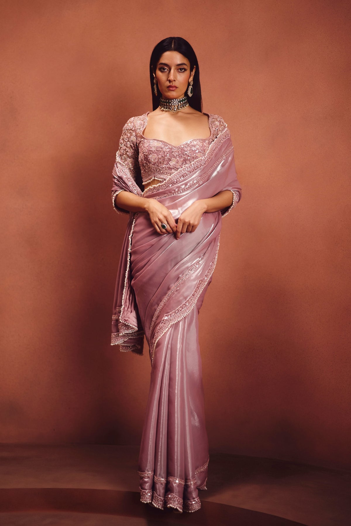 Mauve Embroidered Saree Set