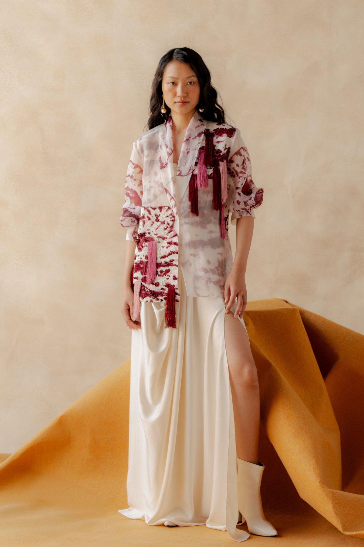 Embroidered Blazer With Drape Skirt