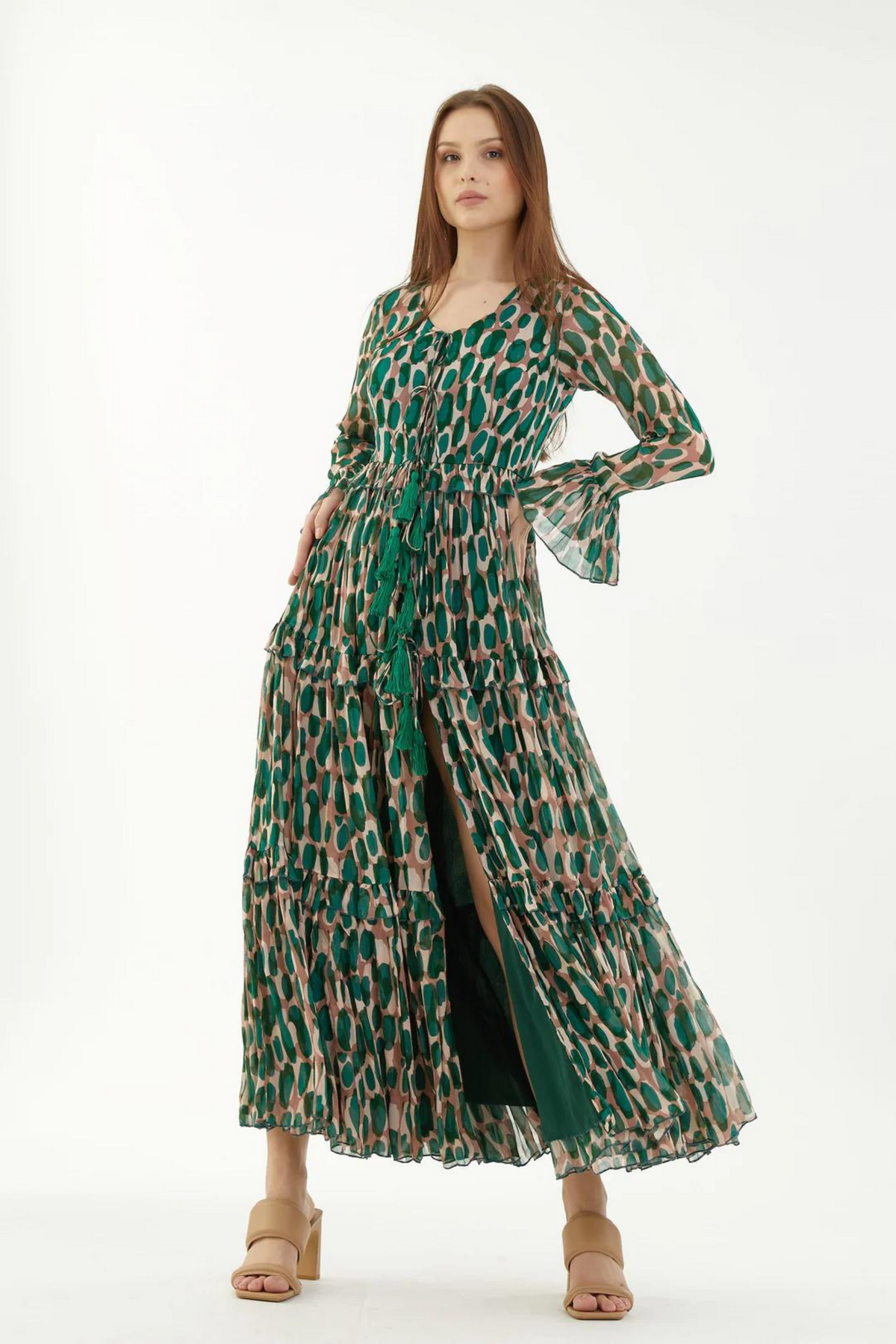 Green And Peach Front Open Frill Dress