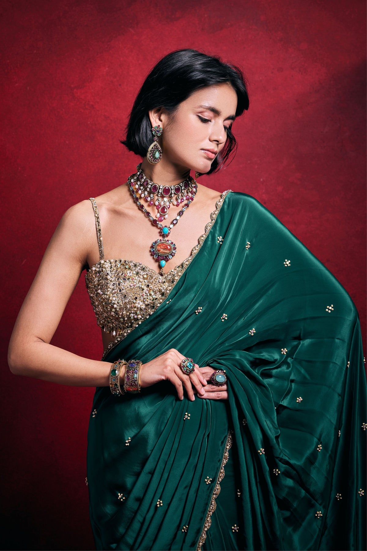 Emerald Green Crepe Saree Set