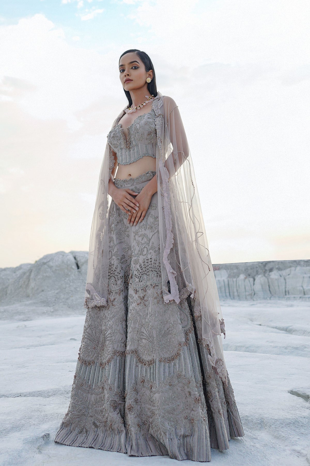 Grey Embellished Lehenga Set