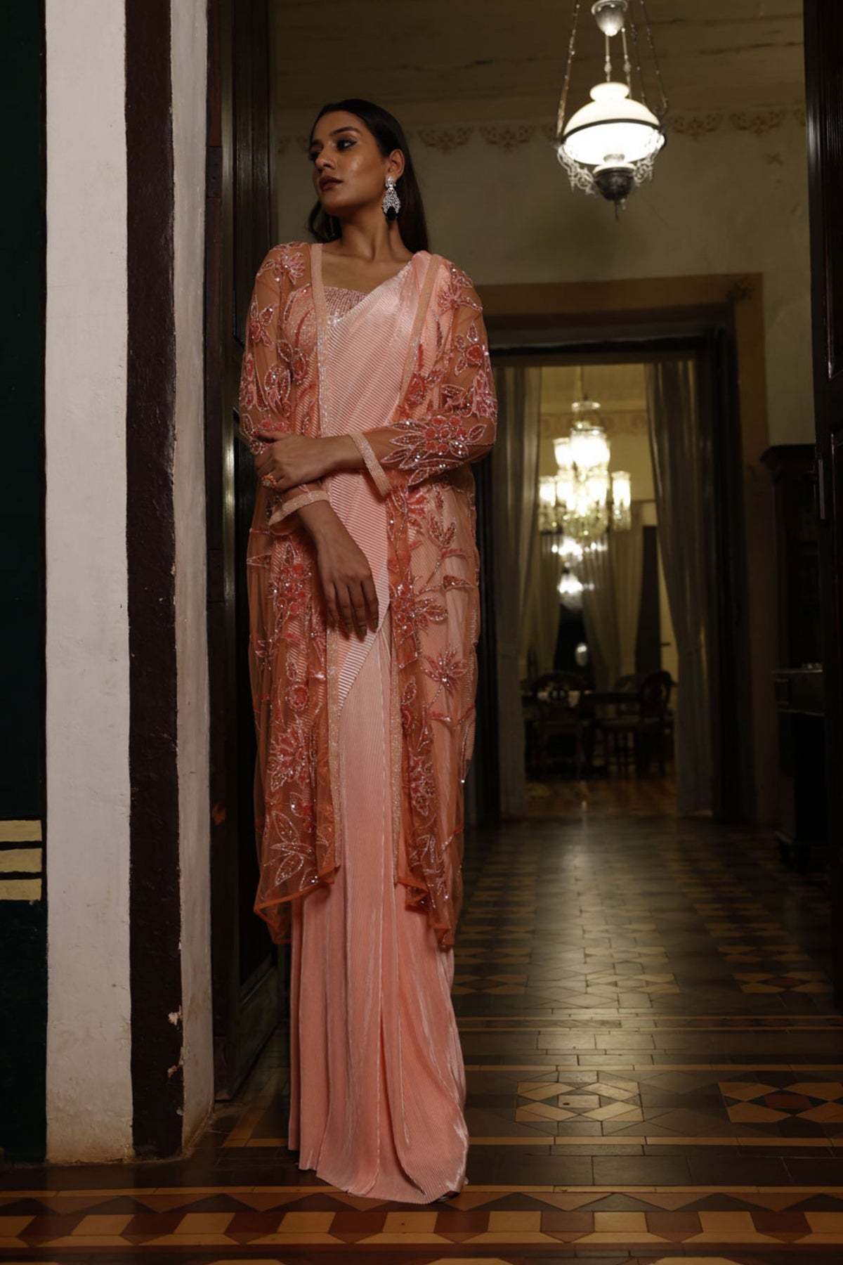 Pink Pre Draped Saree with Bustier and Cape