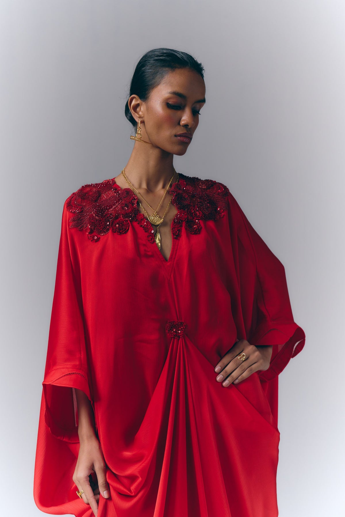 Crimson Draped Kaftan