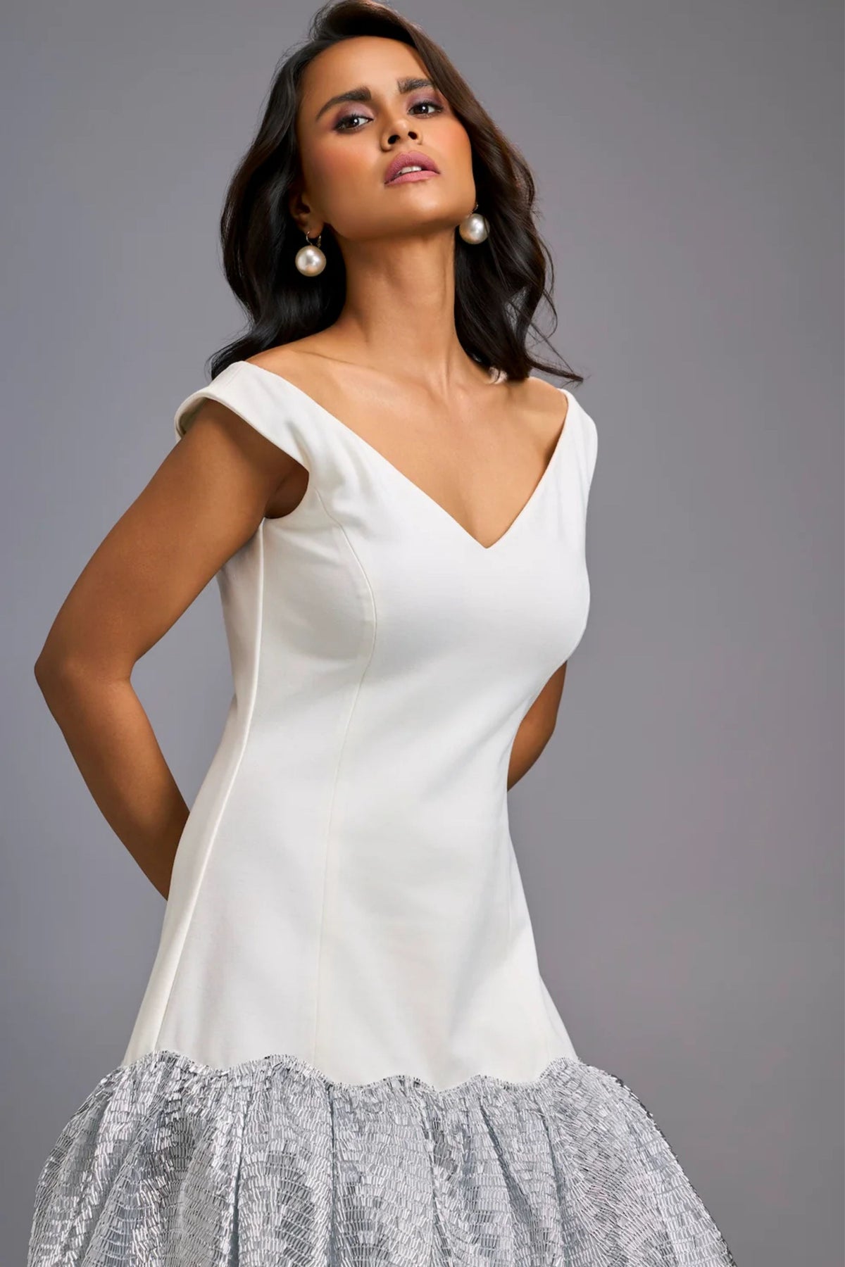 Off-Shoulder  Silver Shimmer Dress