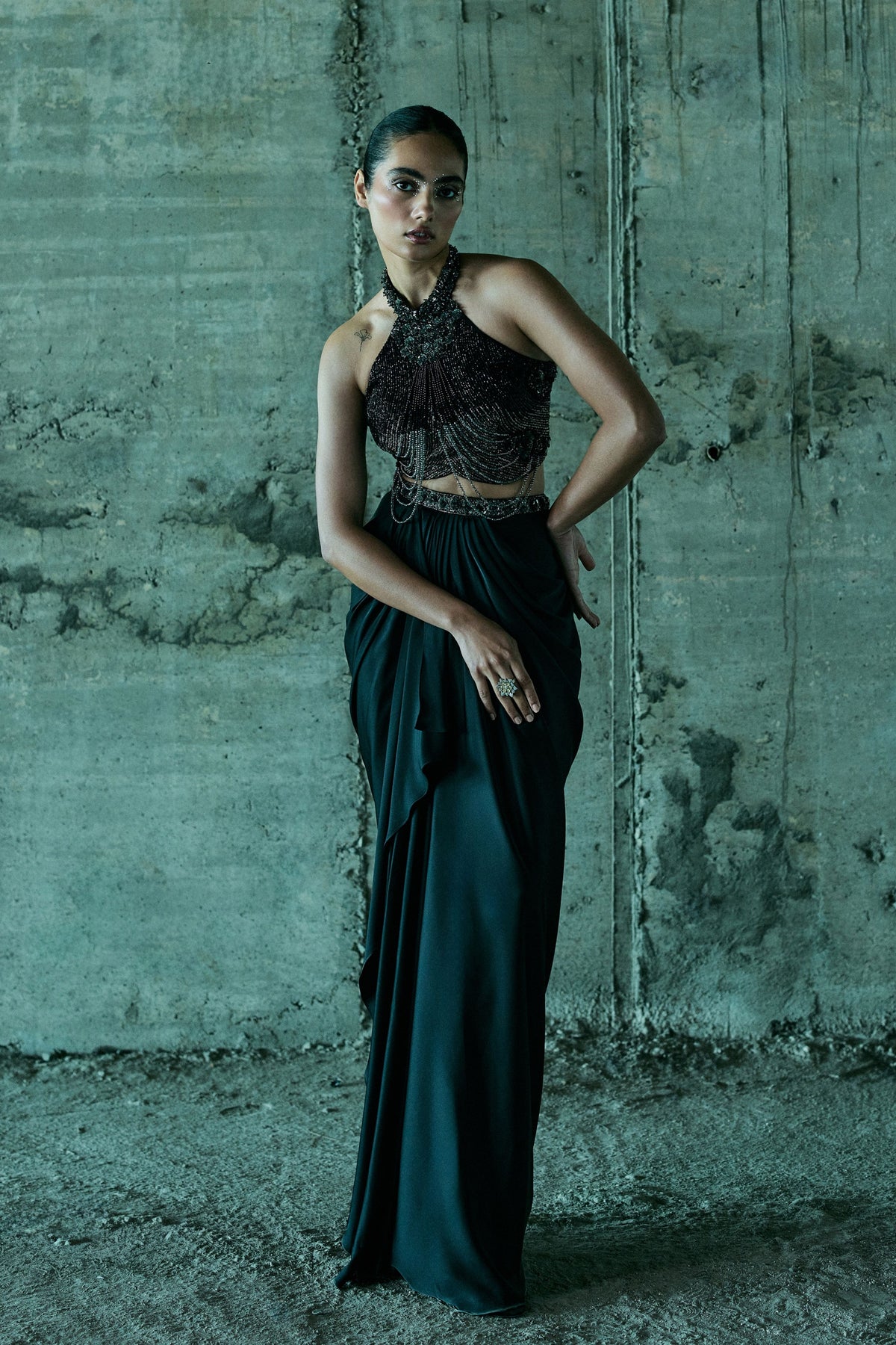 Black Embellished Bustier With Skirt