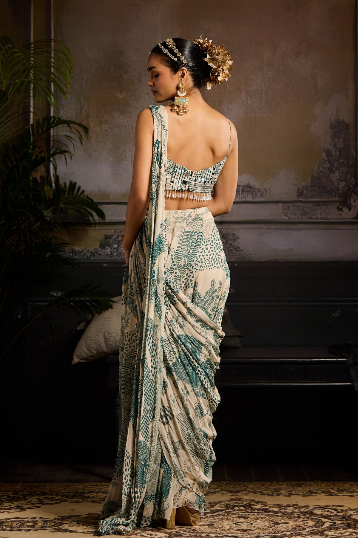 Geometric Print Drape Saree Set