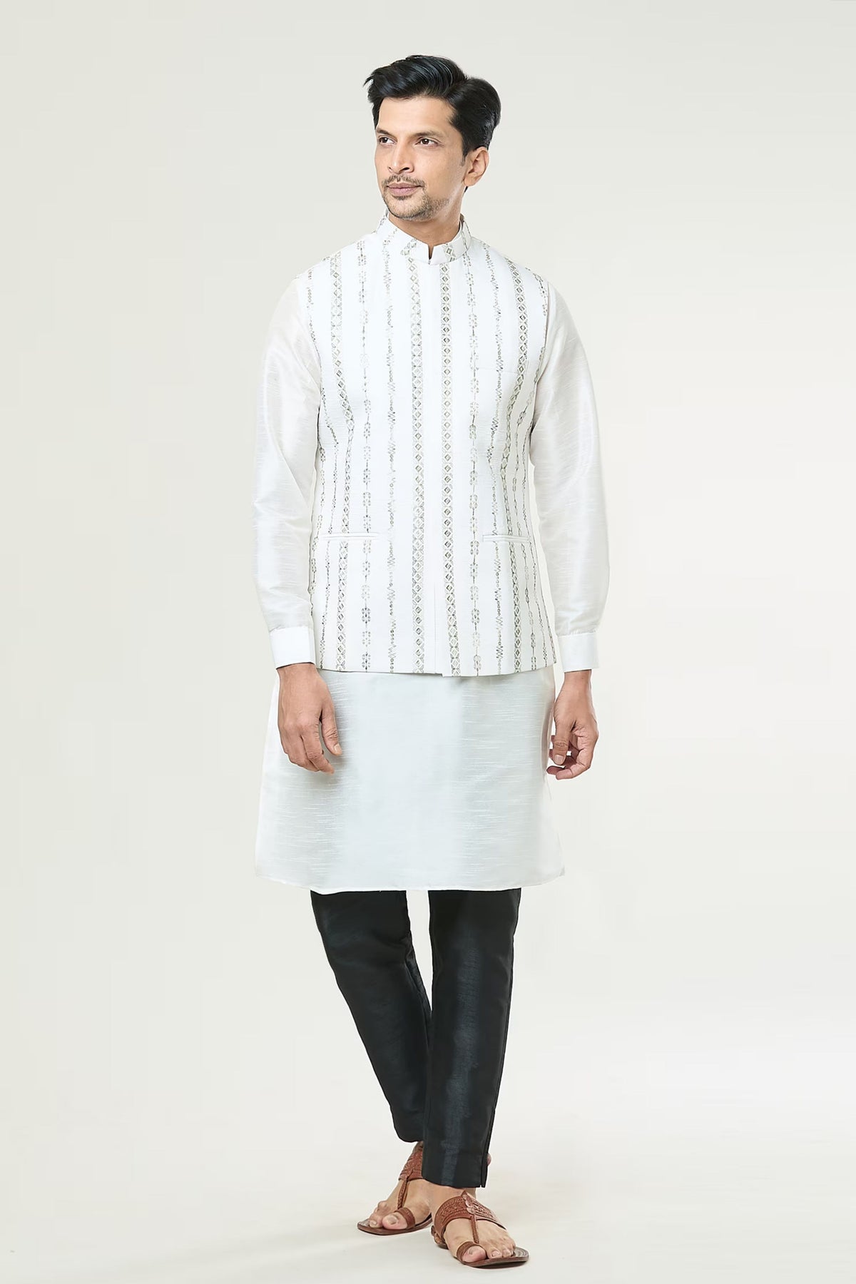 Off White Embroidered jacket Set