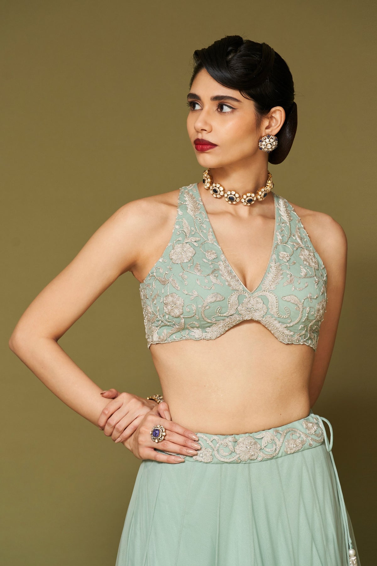 Aqua Embroidered Net Lehenga Set