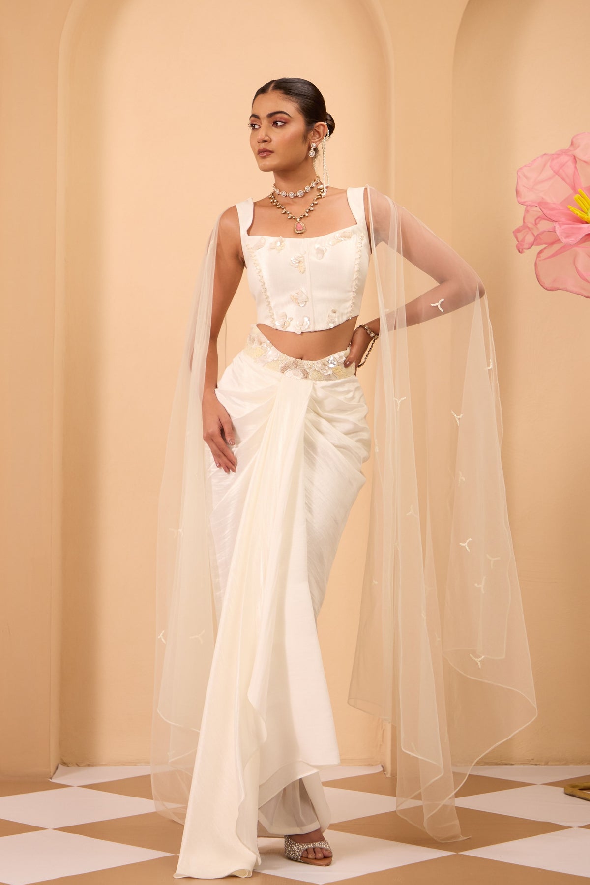 Ivory Drape Saree Set
