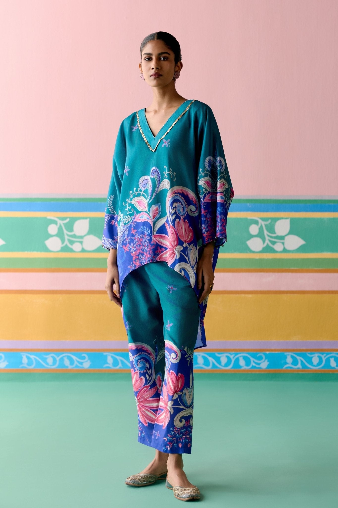 Teal Paisley Short Kaftan Set - Label Mogra - Elahe