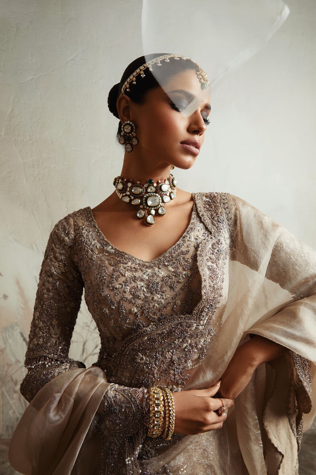 Beige Corner Butta Lehenga Set