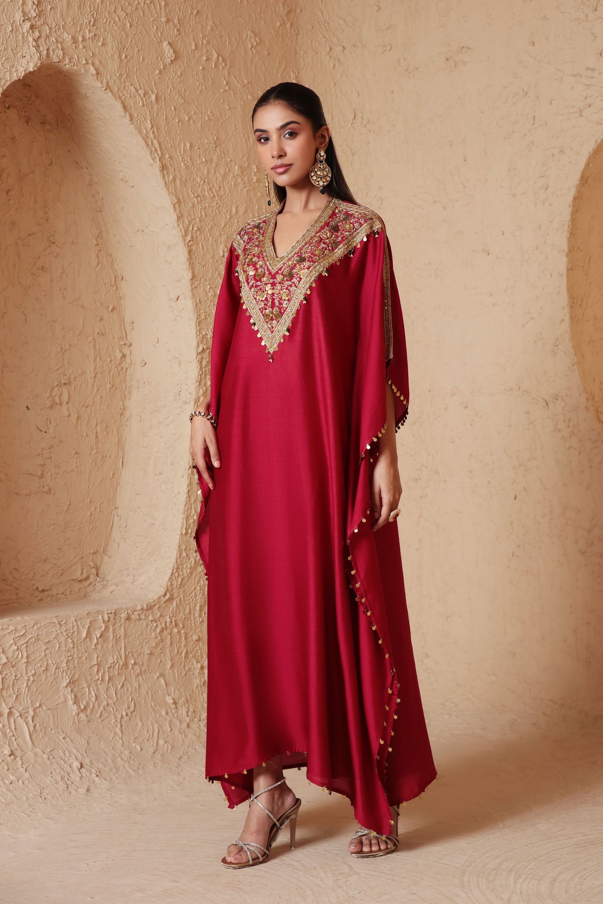 Maroon V Neck Kaftan Set
