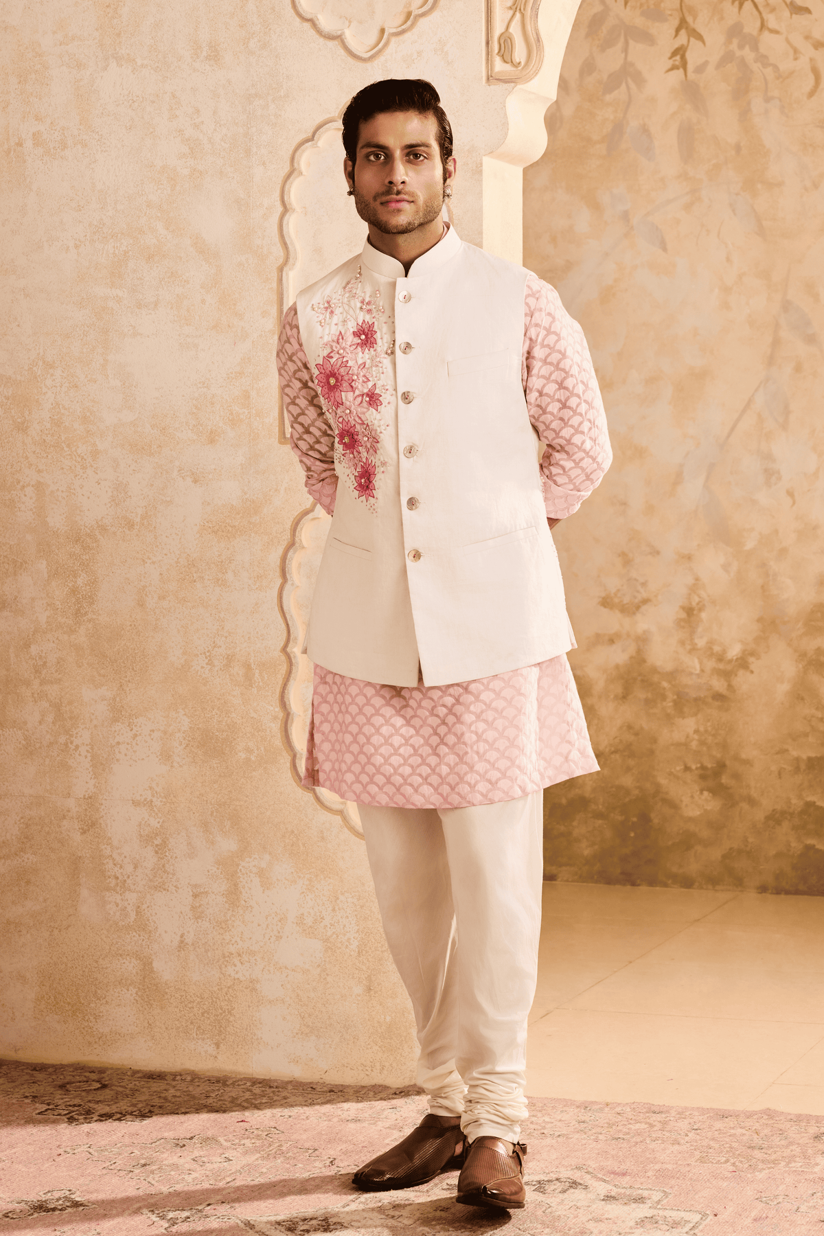 Ivory Floral Nehru Pink Kurta Set