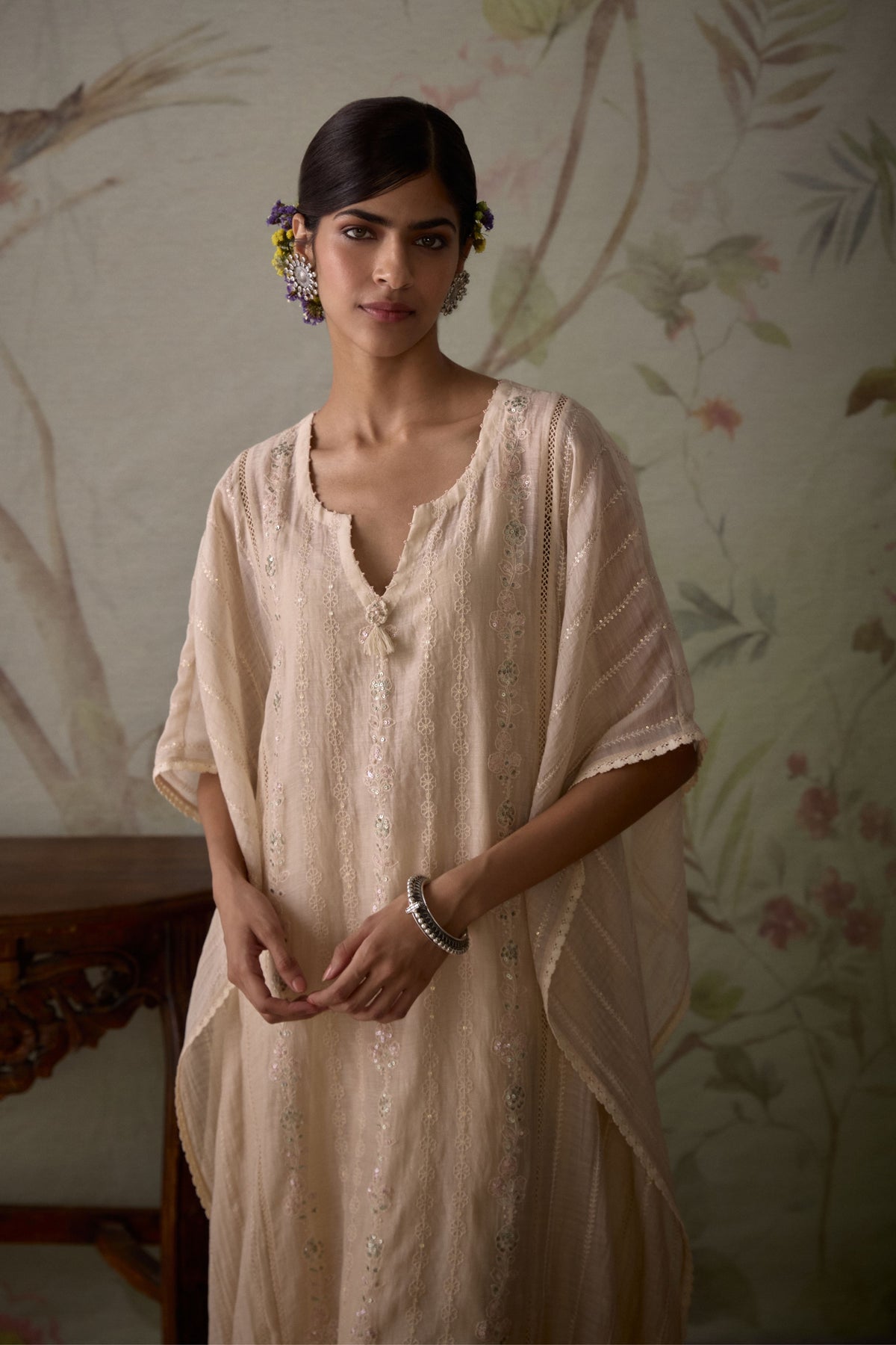 Ivory Floral Embroidered Kaftan Set