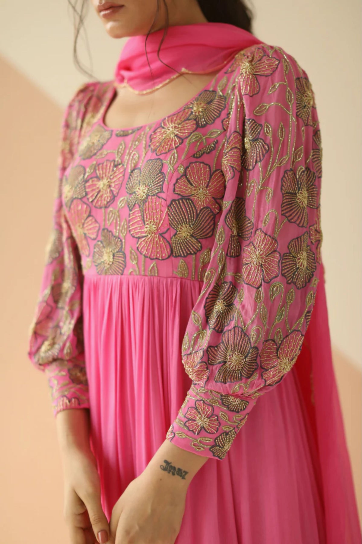 Bubble pink heavy yoke bell sleeves anarkali