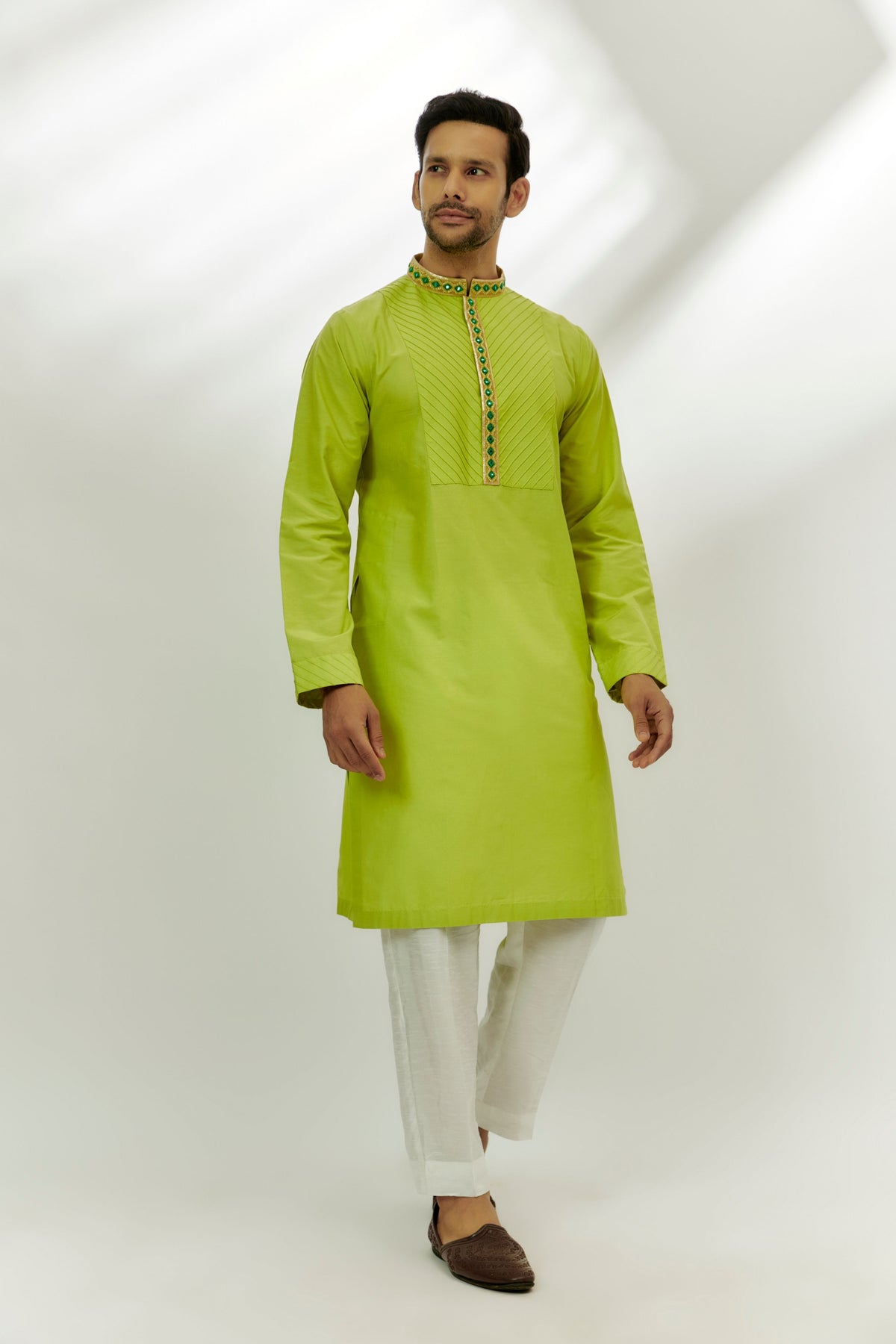 Lime Green Cotton Silk Embroidered Kurta