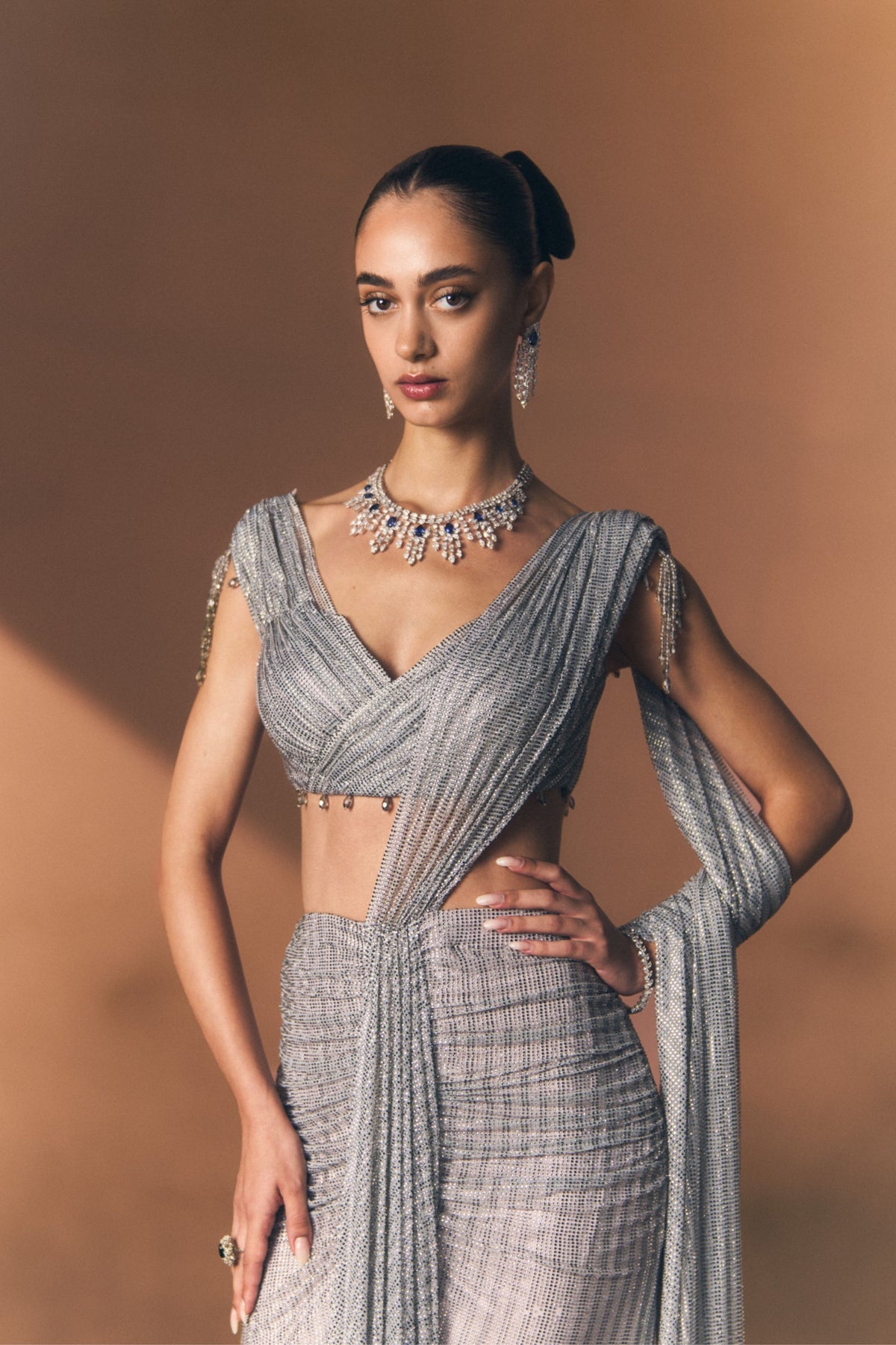 Pewter Drape Saree Set