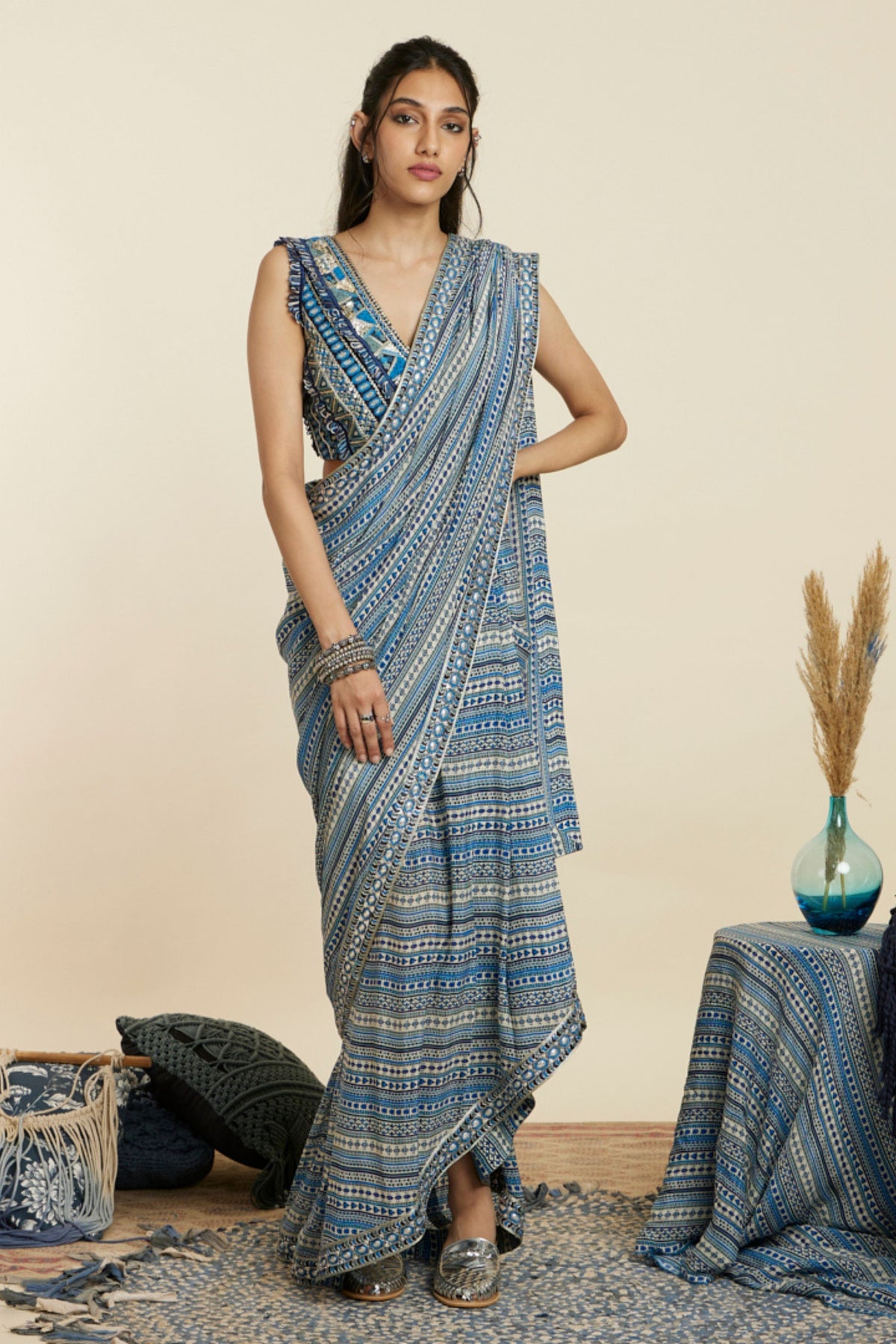 Blue Boho Cascade Saree Set