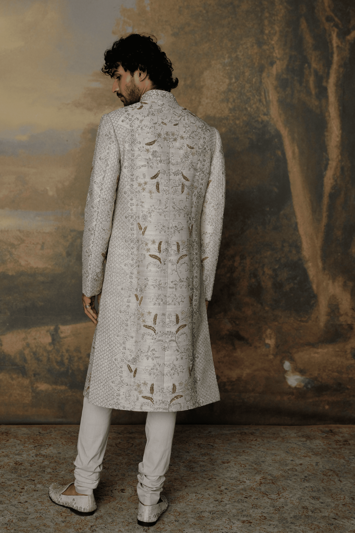 Beige Embroidered Sherwani Set