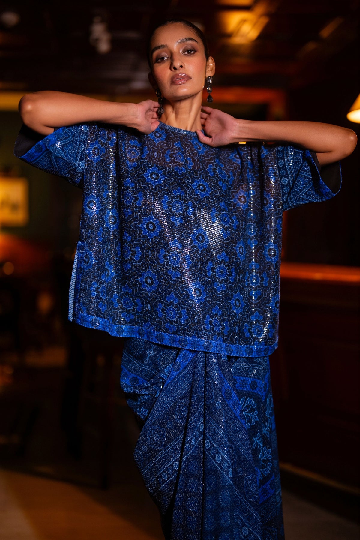 Blue Sequin Boxy Top & Drape Skirt
