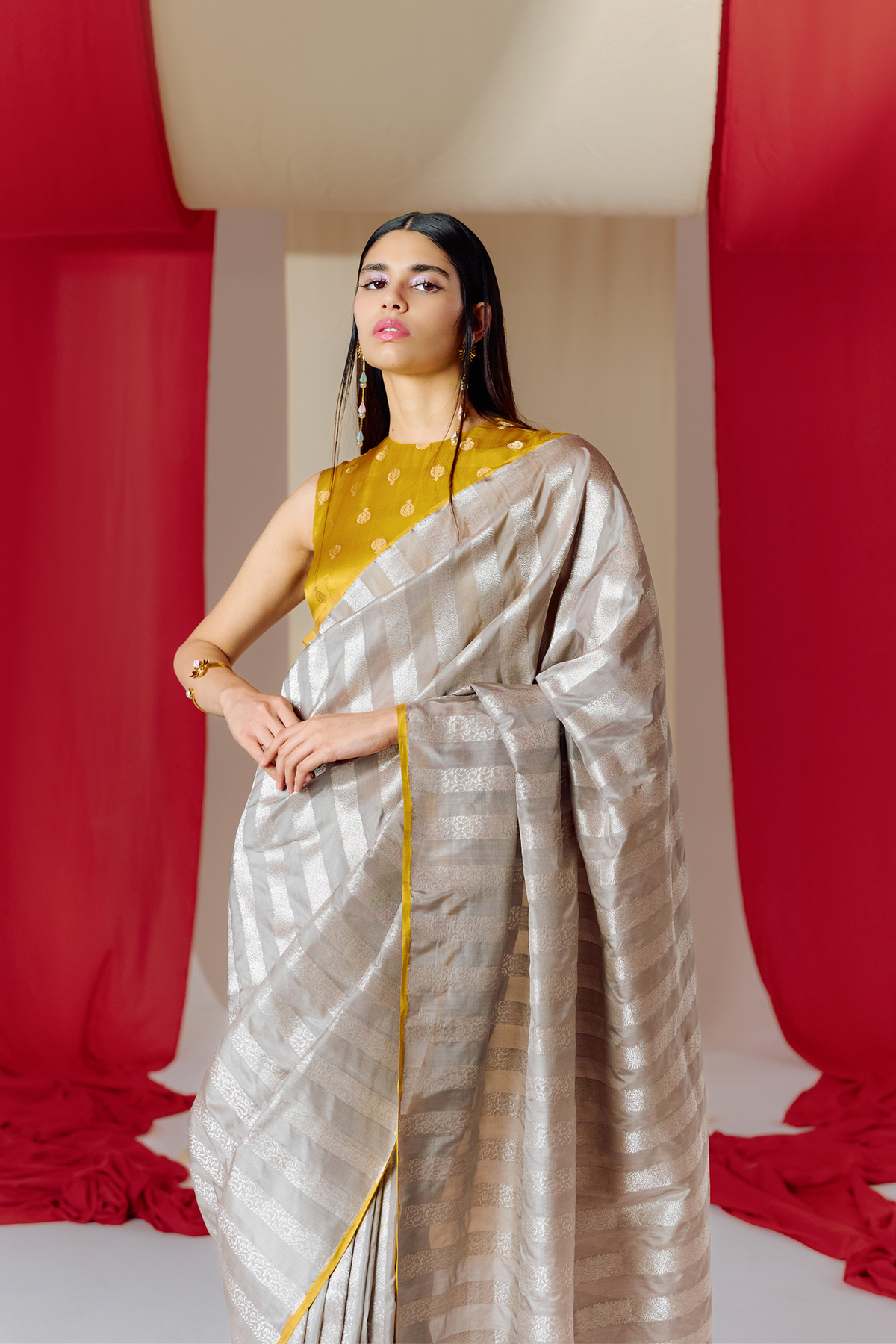 Grey Striped Silk Handwoven Saree