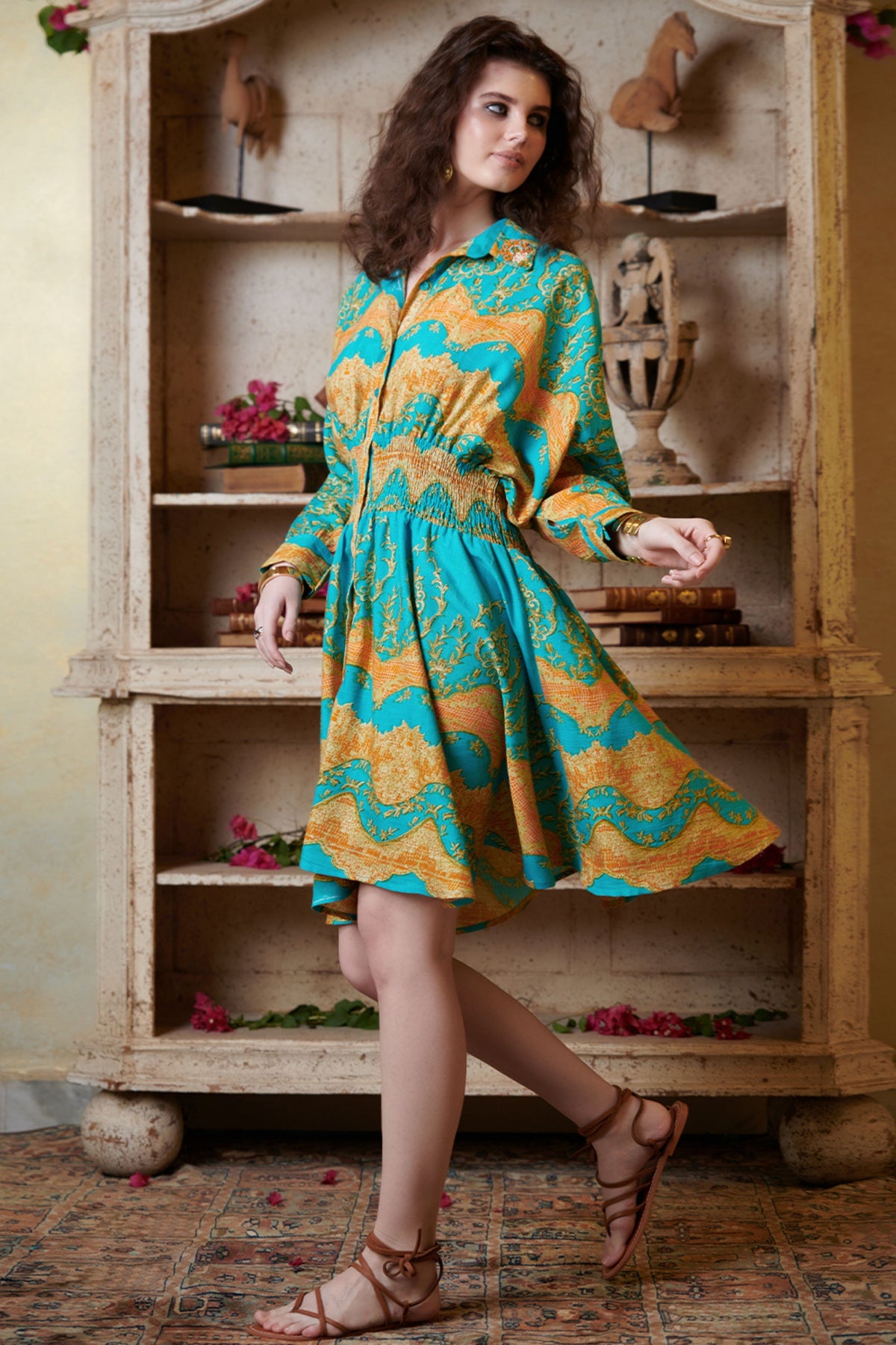 Teal Green Printed Mini Shirt Dress