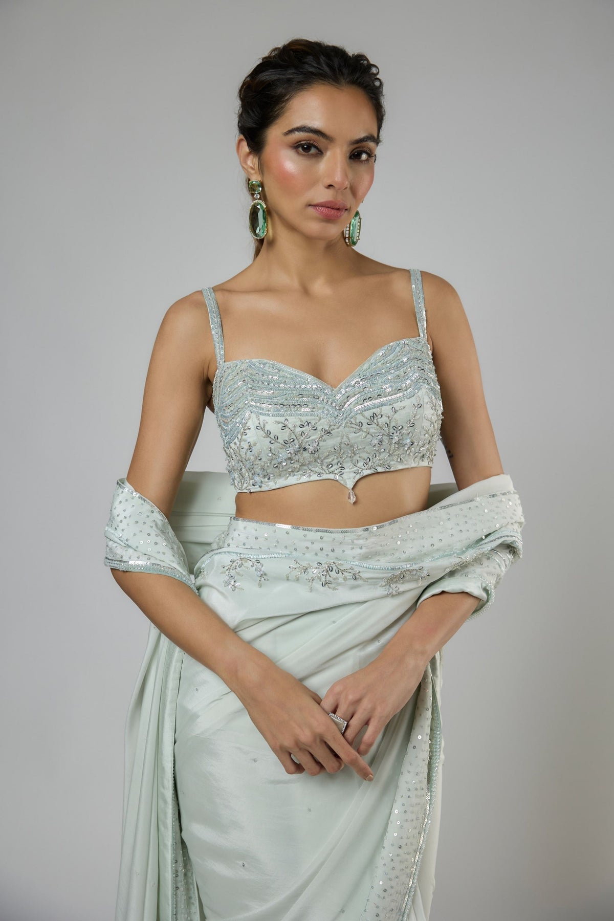 Light Mint Draped Saree Set