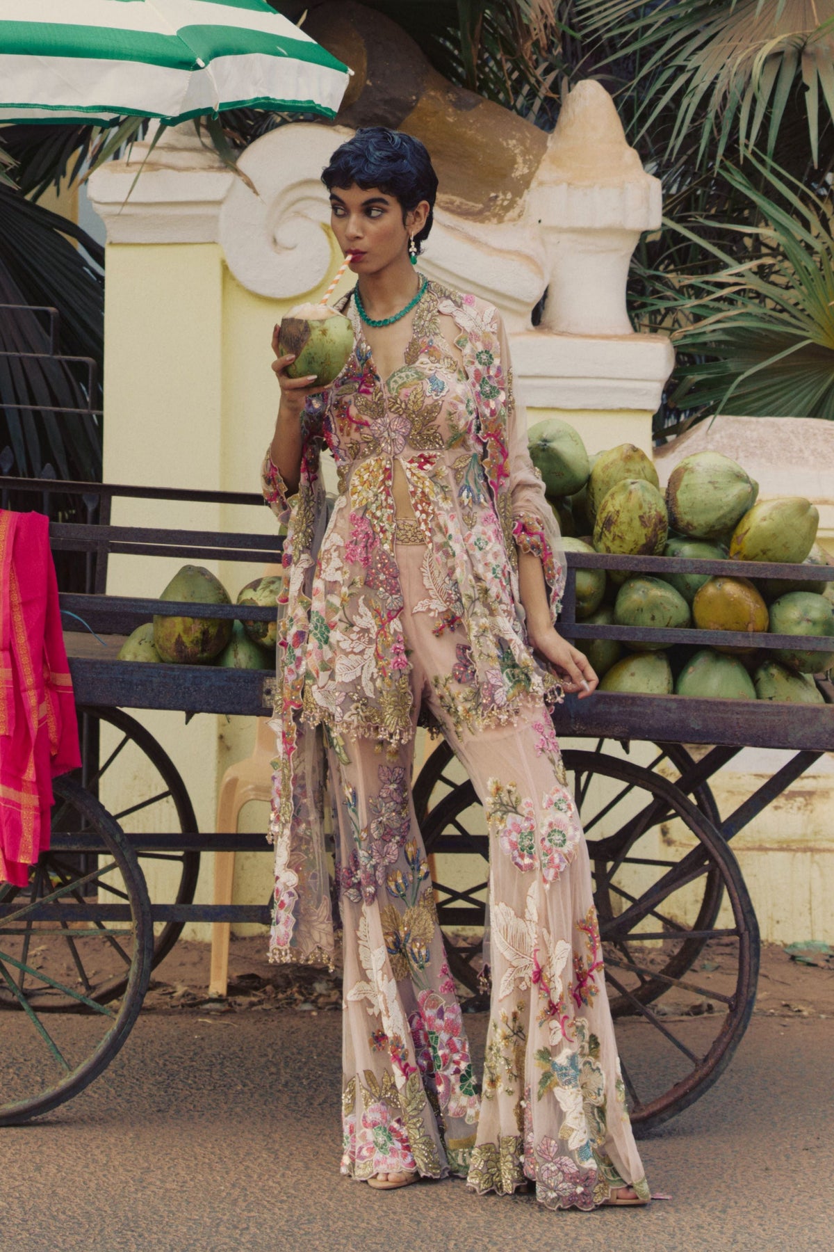 Peach Patchwork Peplum Sharara Set