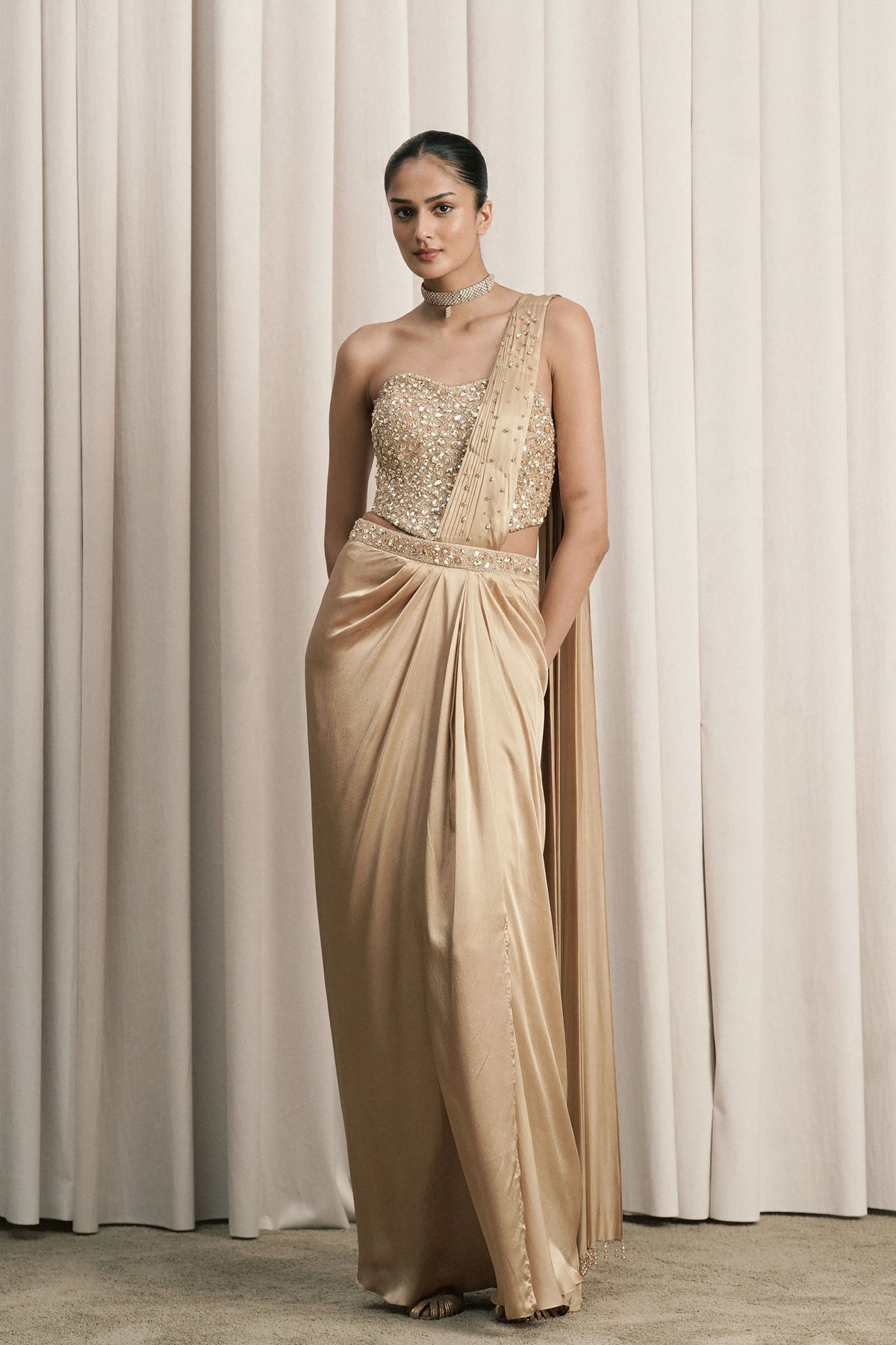 Beige Stonework Corset Saree Set