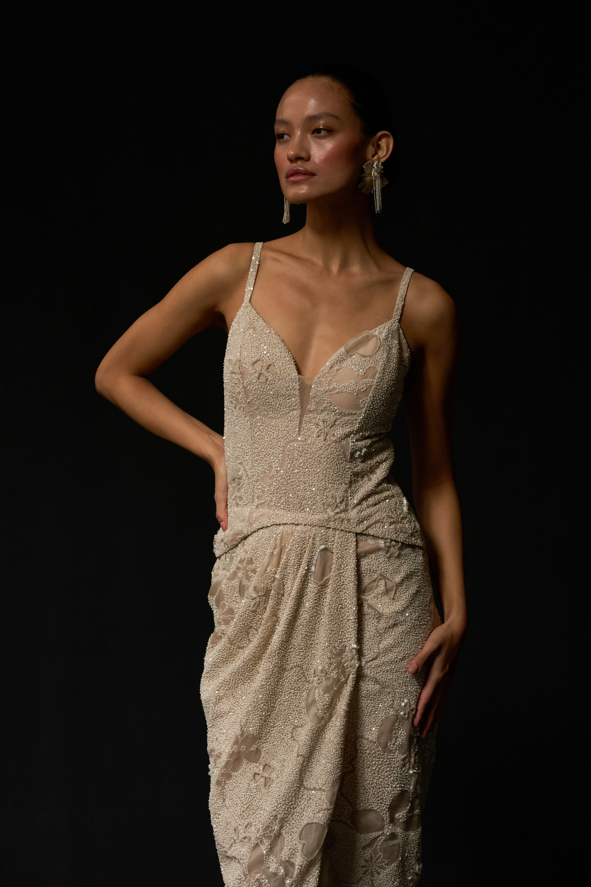 Dot Ivory Nude Botanical Drape Midi Dress