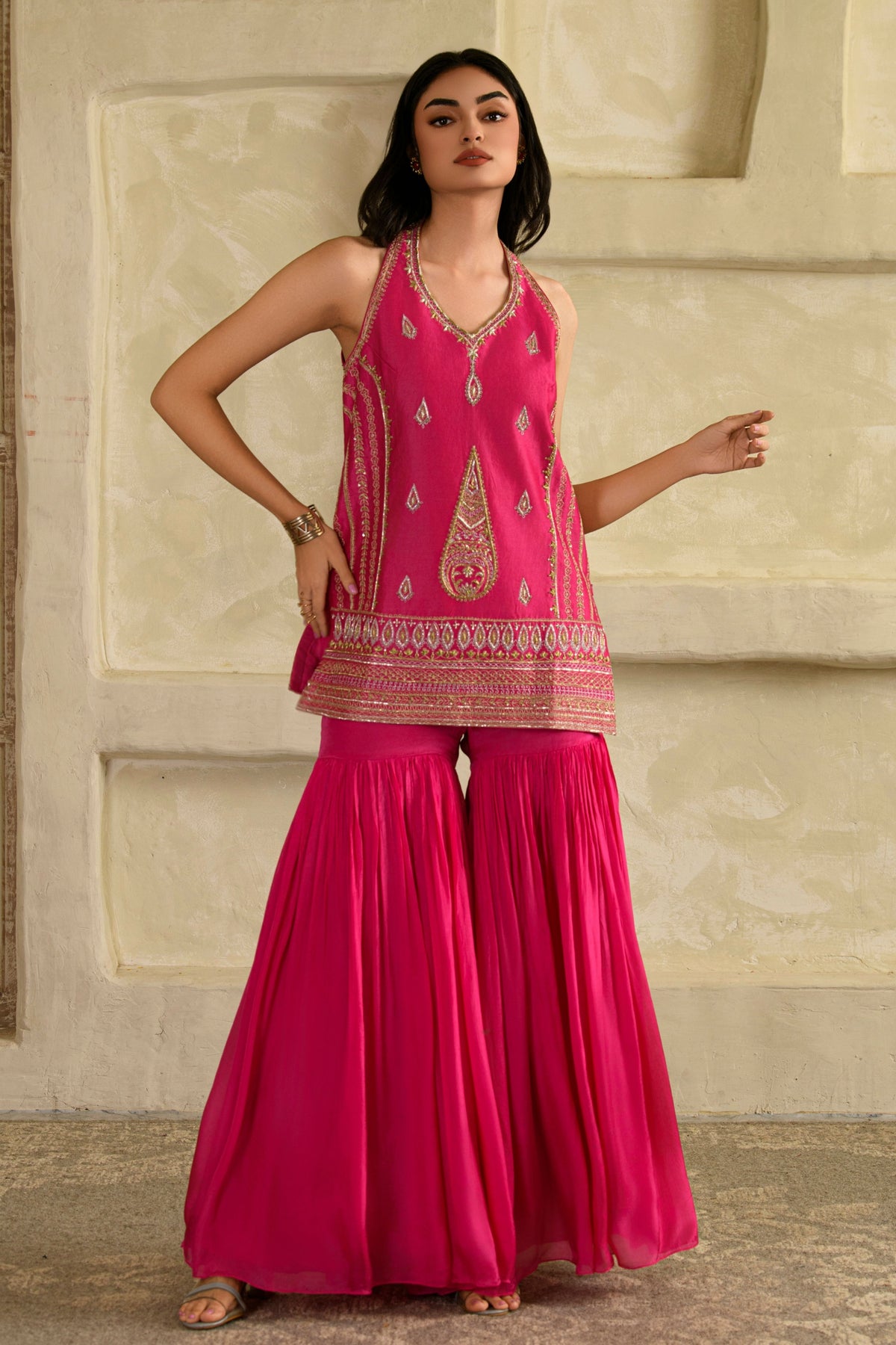 Zeba Halter Kurta Set in Rani Pink