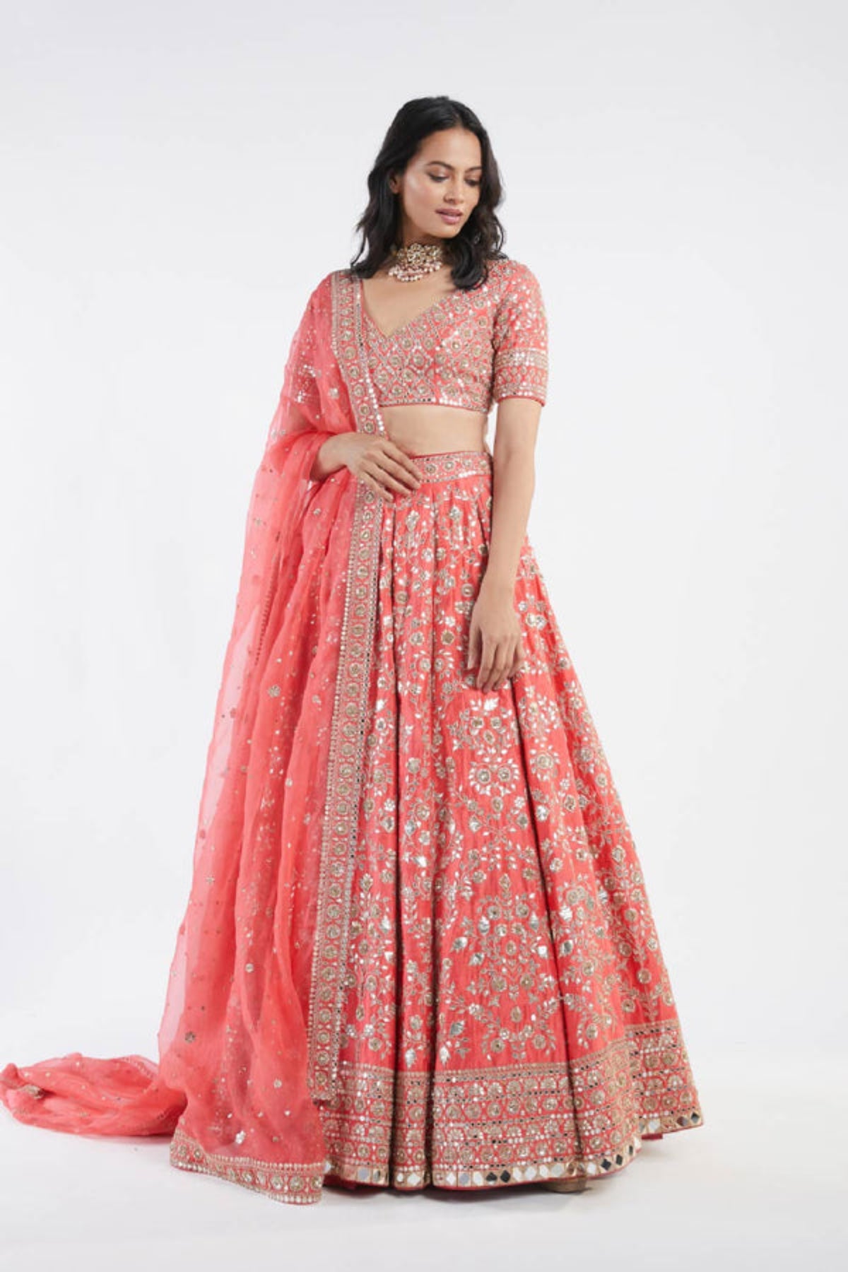 Red embroidered lehenga set