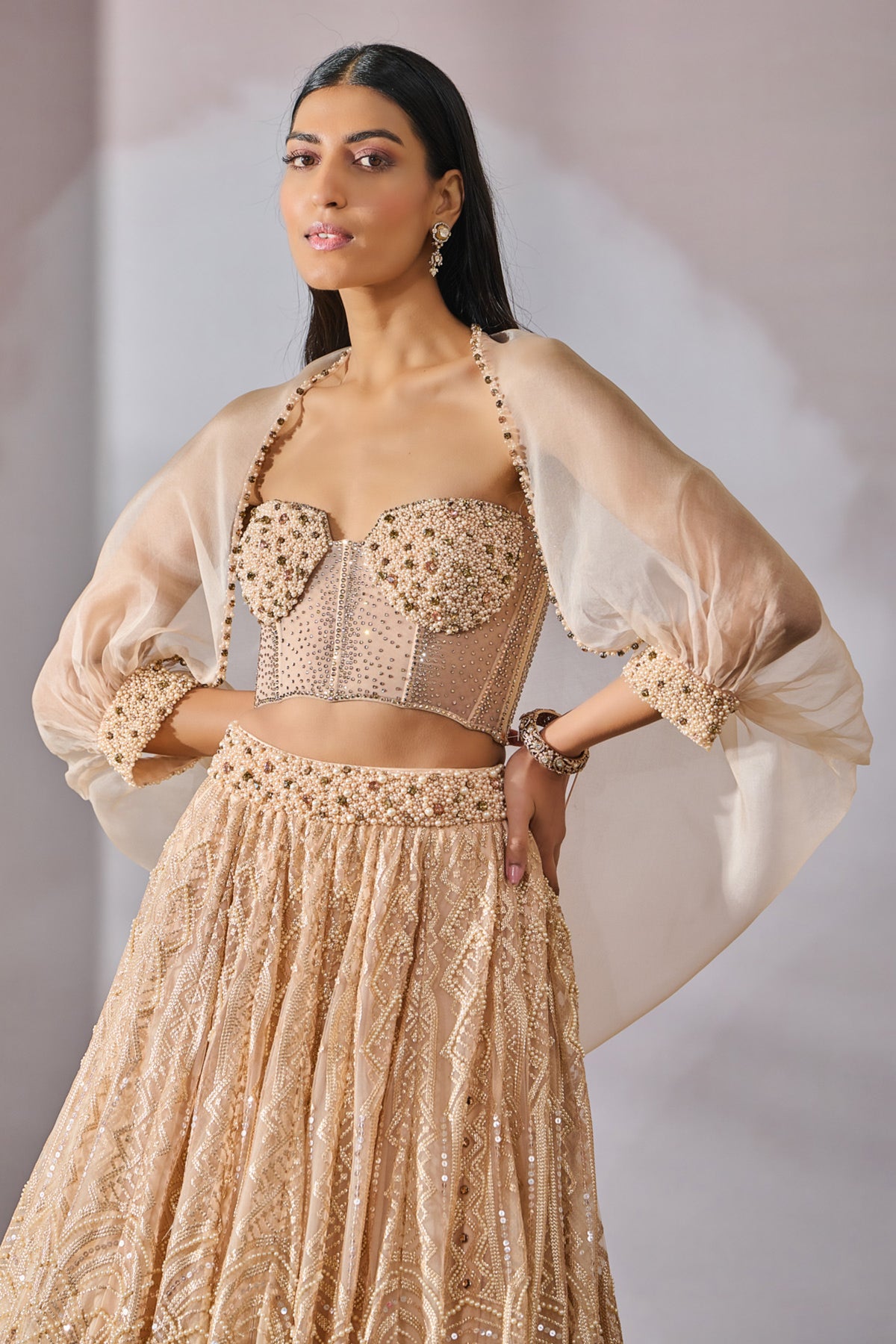 Pearl Embroidered Paneled Lehenga Set