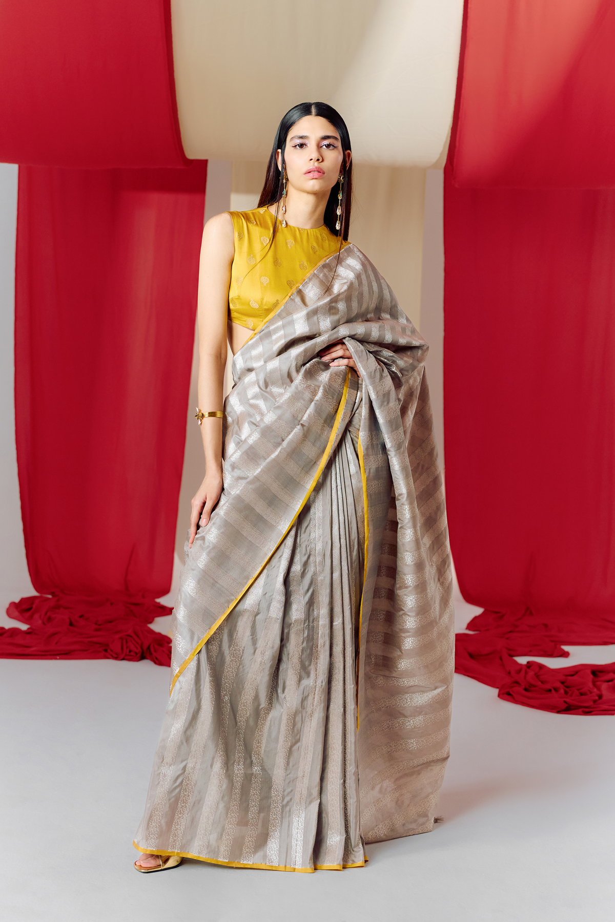 Grey Striped Silk Handwoven Saree
