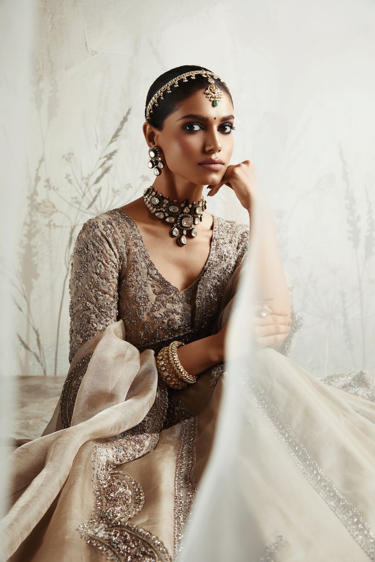 Beige Corner Butta Lehenga Set