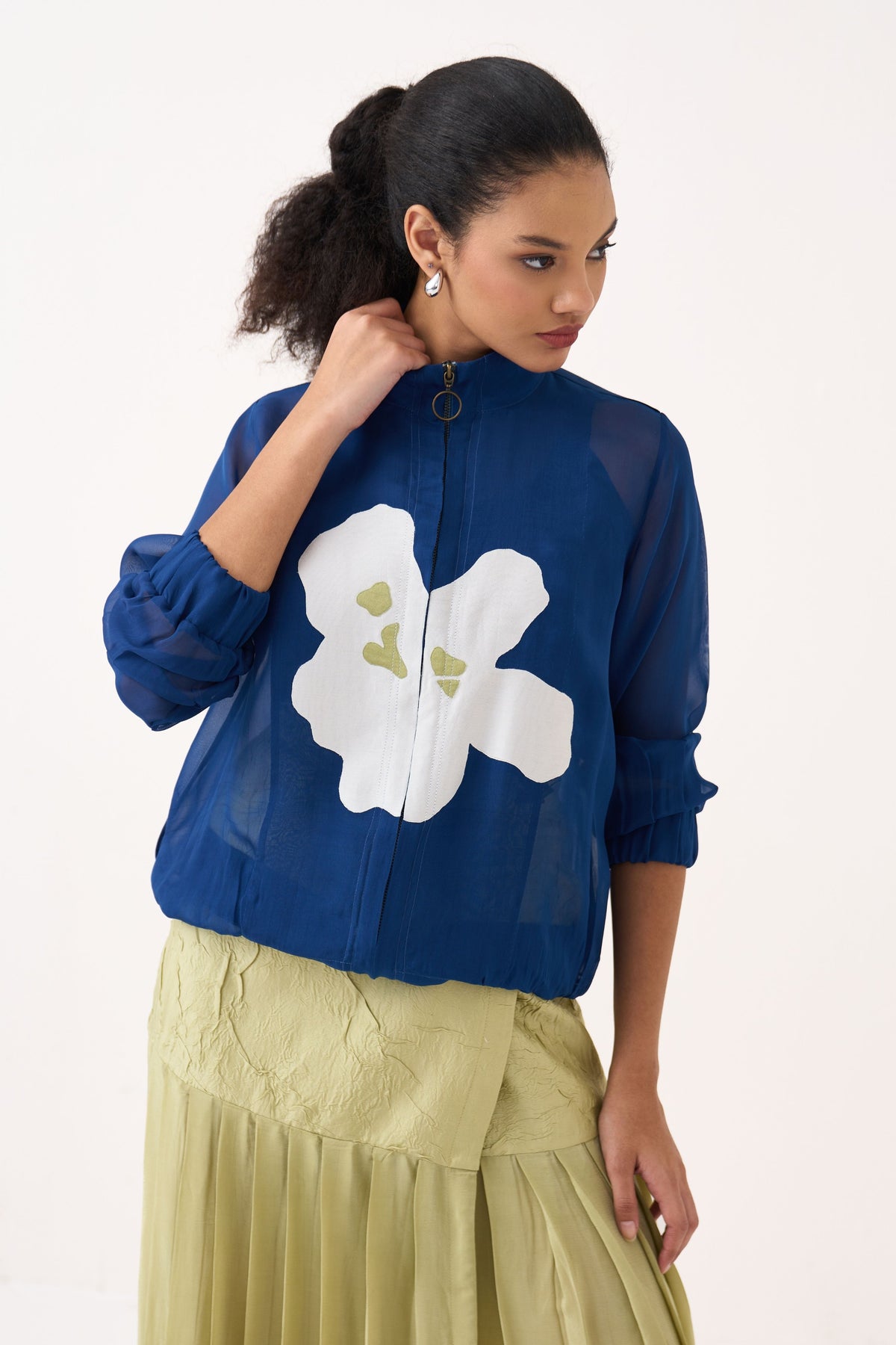 High Neck Floral Apllique Bomber Jacket