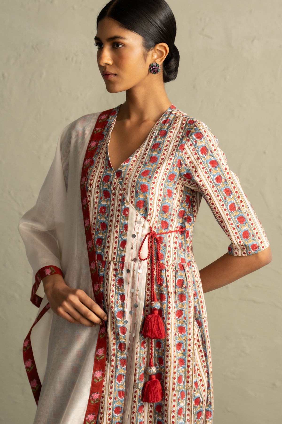 Cream Angrakha Straight Kurta Set
