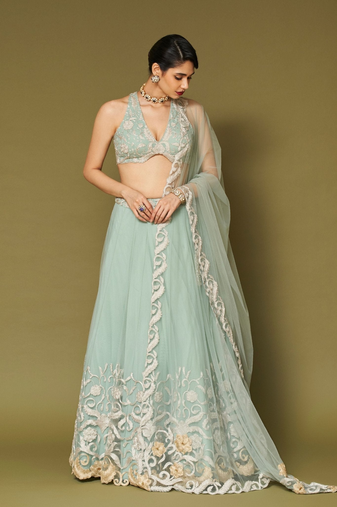 Aqua Embroidered Net Lehenga Set - Devnaagri - Elahe