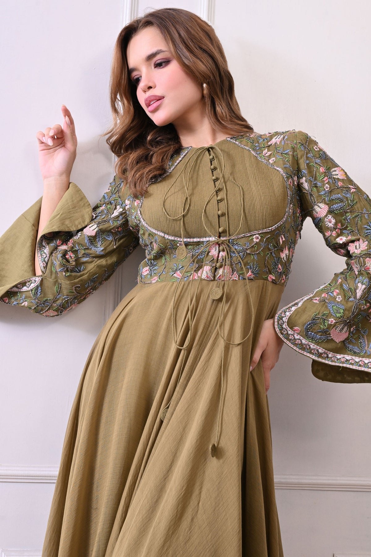 Olive Trumpet Sleeves Embroidered Anarkali