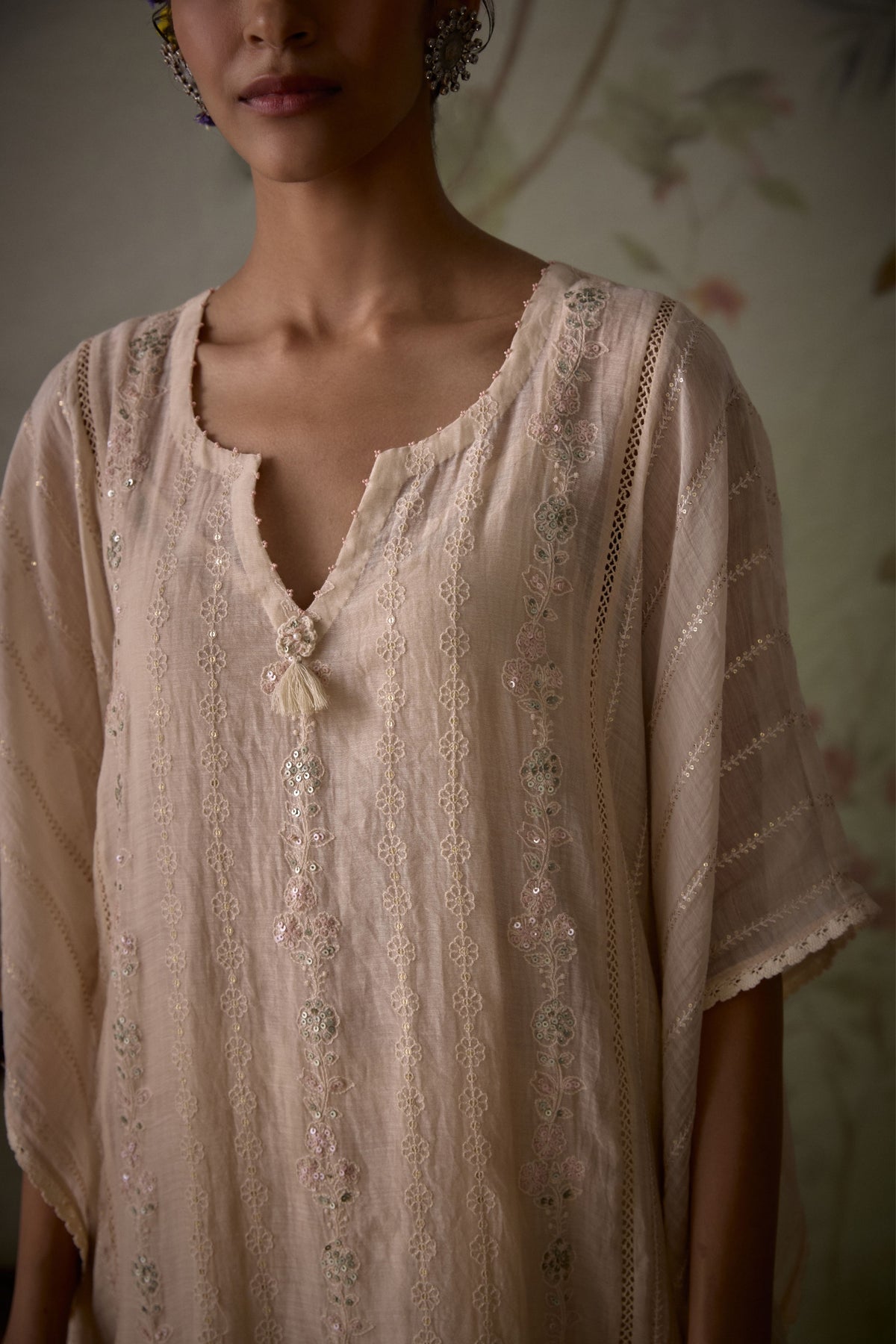 Ivory Floral Embroidered Kaftan Set