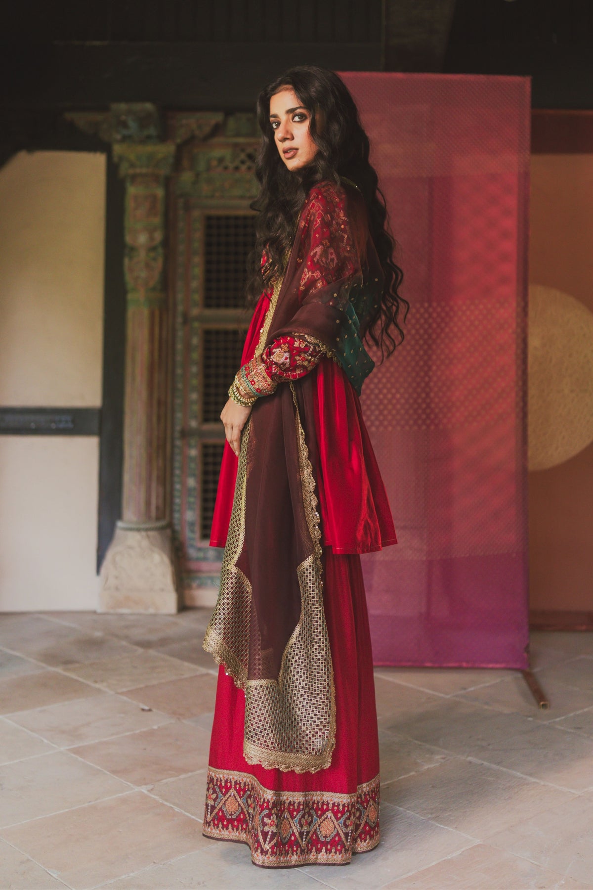 Brown Teal Gul Corners Dupatta