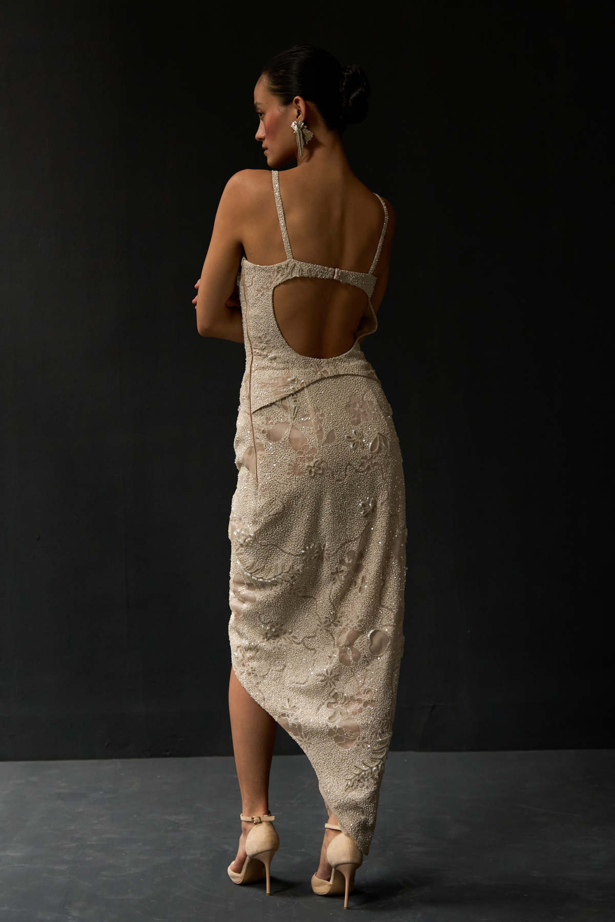 Dot Ivory Nude Botanical Drape Midi Dress