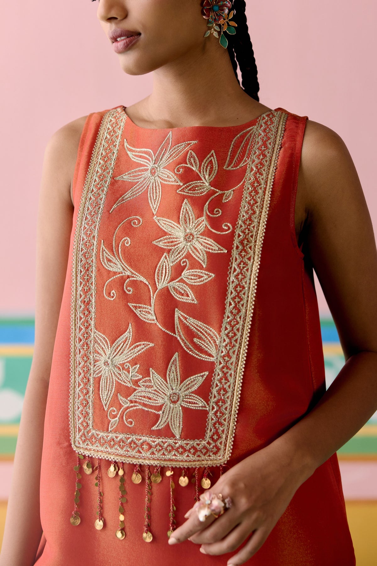 Rust Embroidered Sleeveless Tunic Set