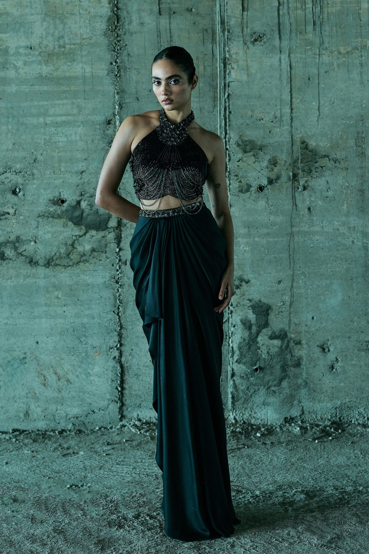 Black Embellished Bustier With Skirt