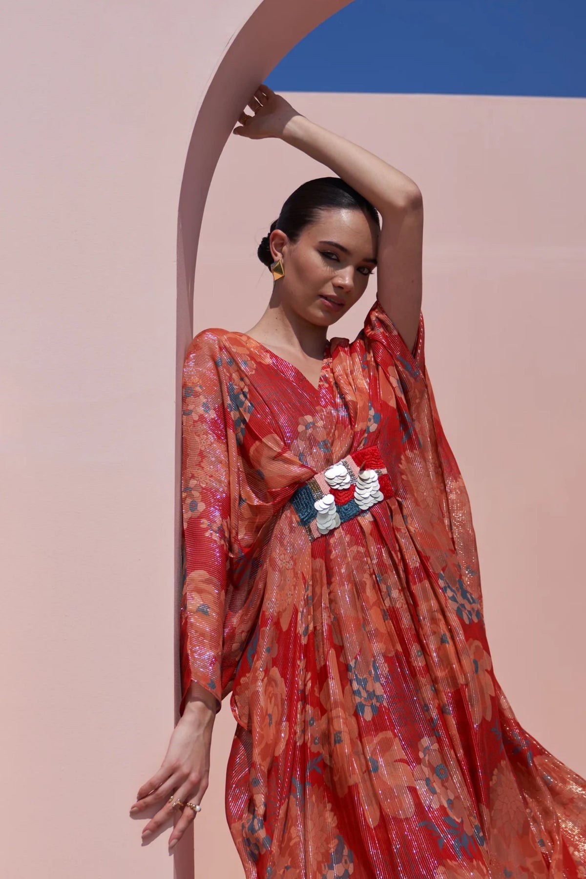 Red Moroccan Shimmer Belt Kaftan