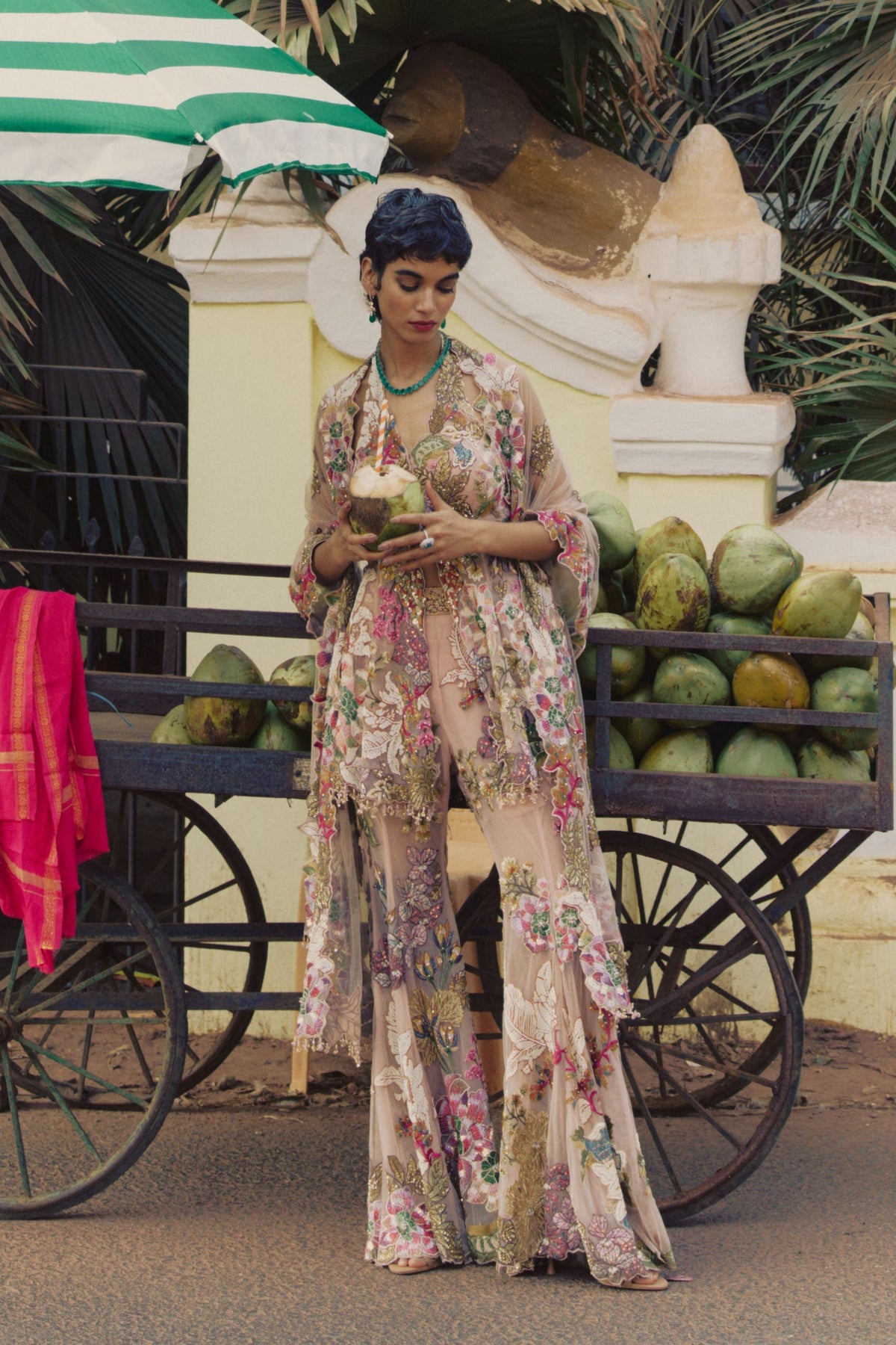 Peach Patchwork Peplum Sharara Set