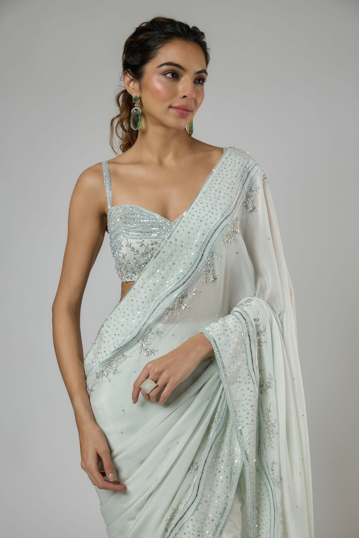 Light Mint Draped Saree Set