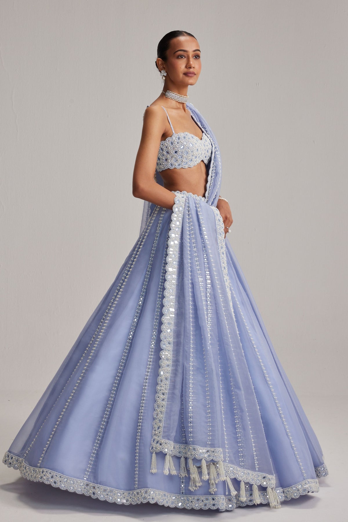 Dew Blue Mirror Organza Lehenga Set