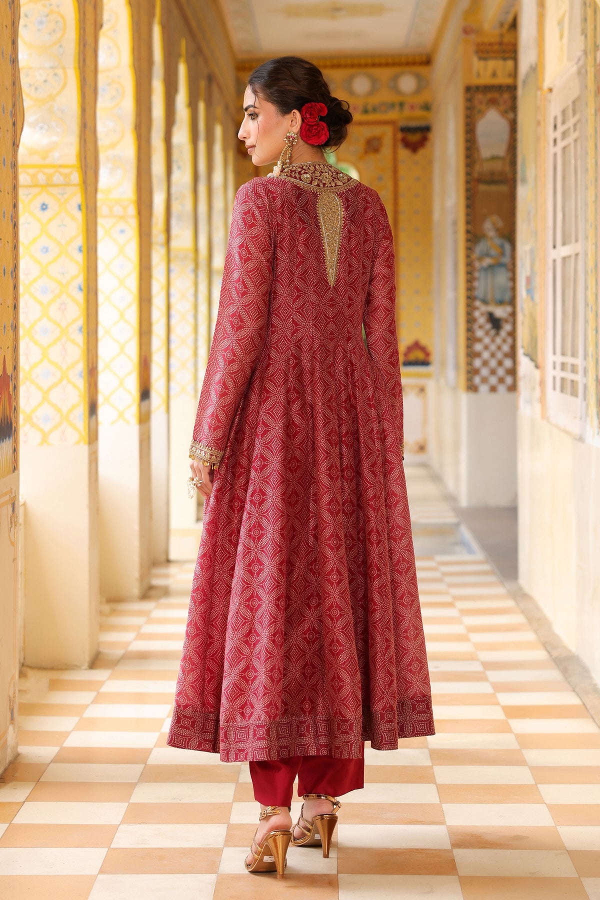 Ahista Maroon Printed Kalidar Set
